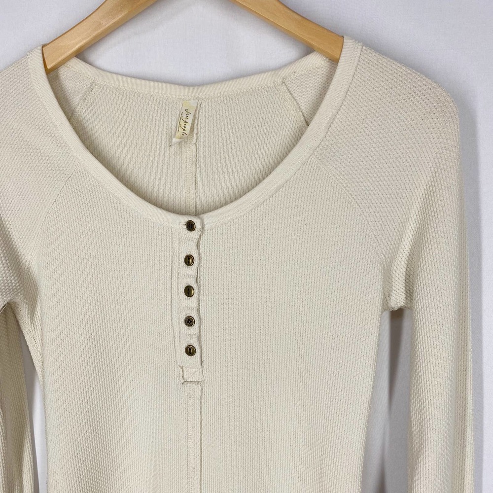 Free People Cream Long Sleeve Tee with Black Patterned Cuffs - Picture 3 of 8